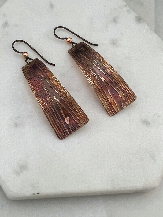 Acid etched copper irregular rectangle earrings