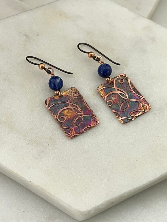 Acid etched copper earrings with lapis gemstones