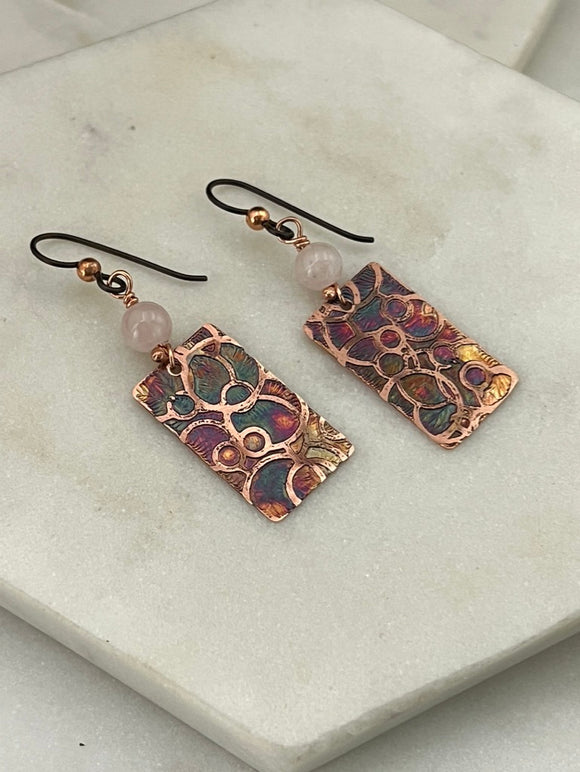 Acid etched copper earrings with rose quartz gemstones