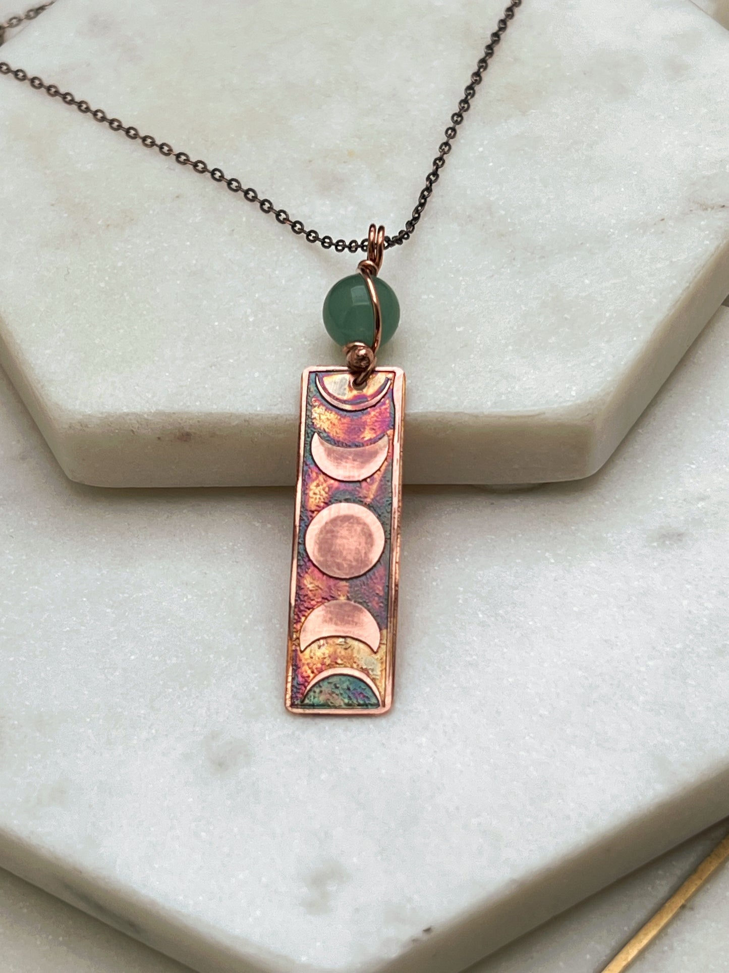 Moon phase acid etched copper necklace with aventurine gemstone