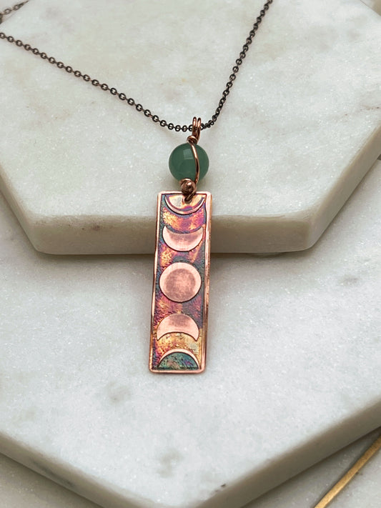 Moon phase acid etched copper necklace with aventurine gemstone