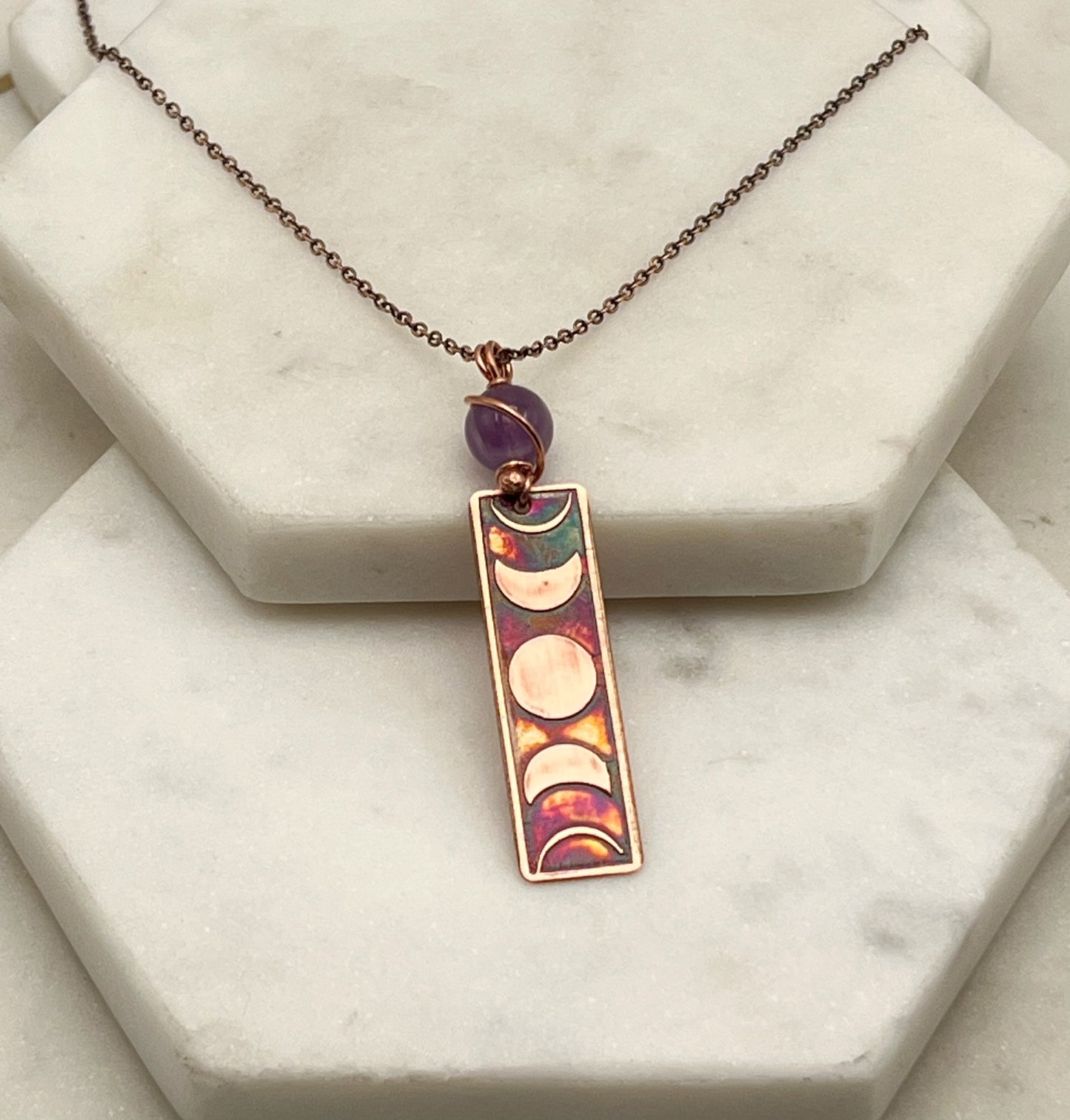 Moon phase acid etched copper necklace with amethyst gemstone