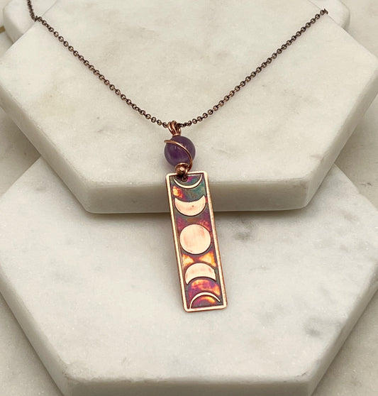 Moon phase acid etched copper necklace with amethyst gemstone