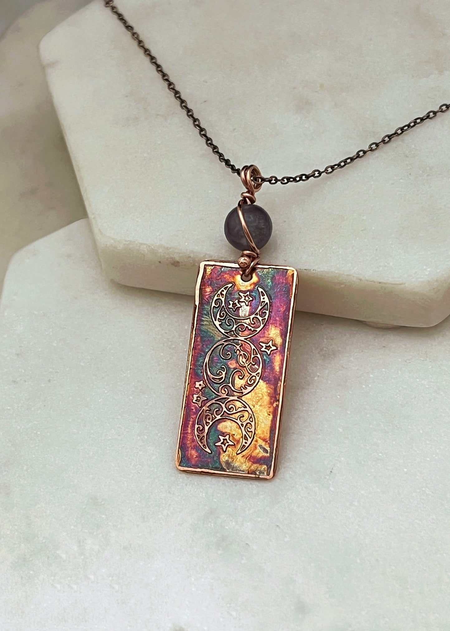 Acid etched copper moon necklace with amethyst gemstone