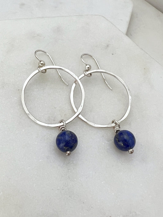 Sterling silver hoop earrings with lapis gemstones