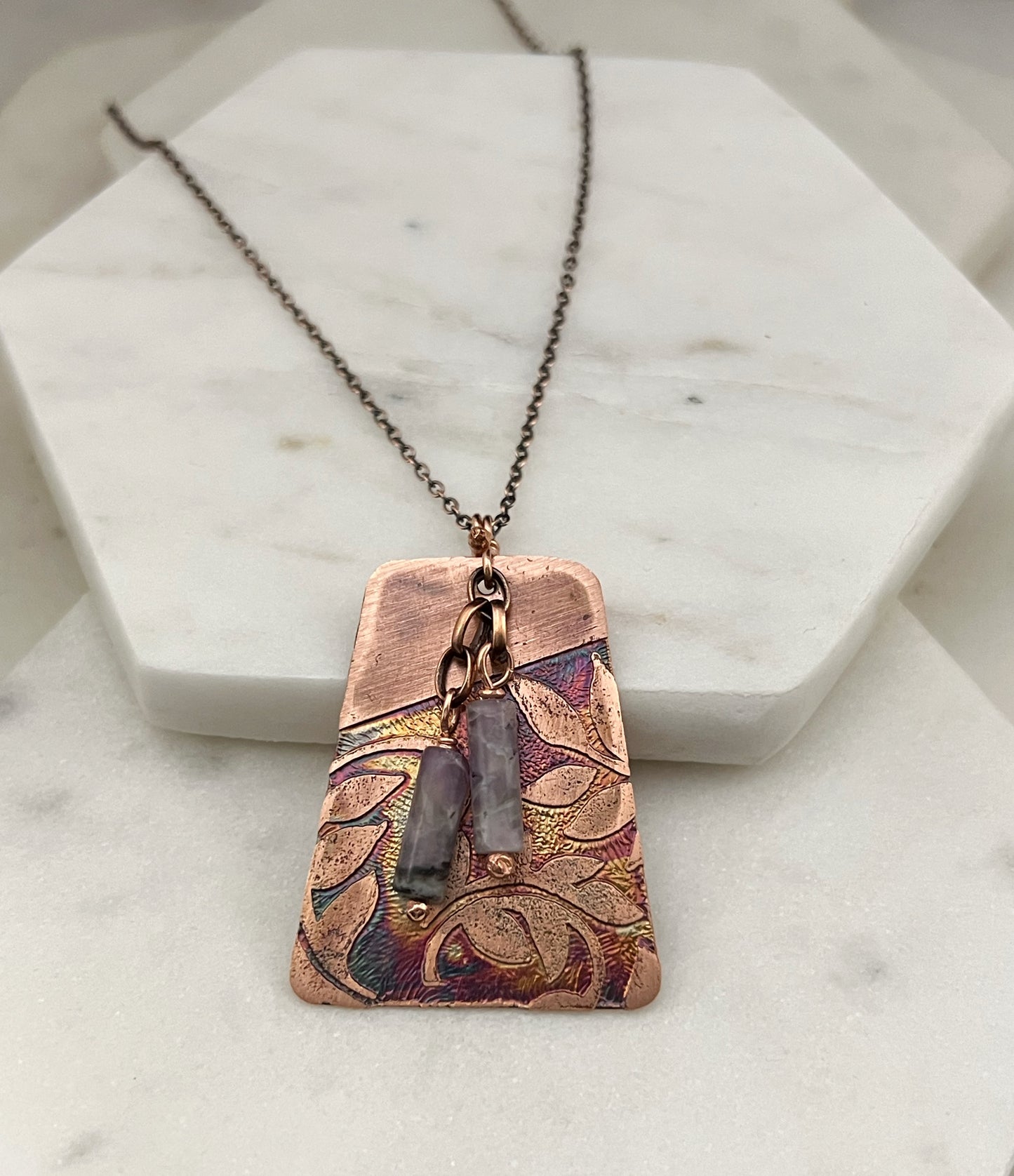 Acid etched copper necklace with amethyst gemstone