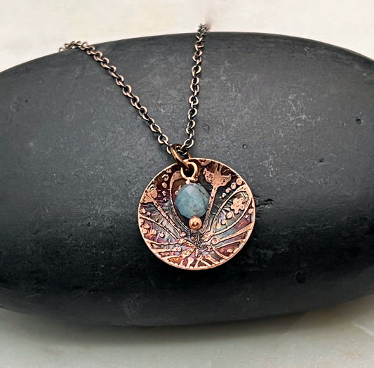 Acid etched copper necklace with apatite gemstone