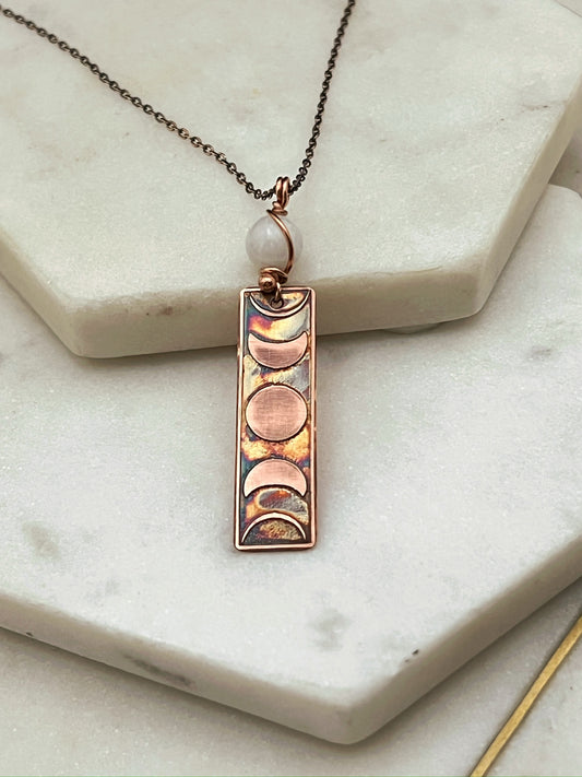 Moon phase acid etched copper necklace with moonstone gemstone