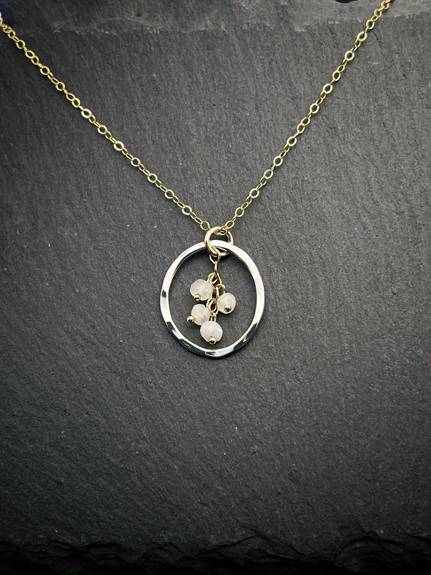 Handmade Sterling Silver Necklace with 14k Gold and rainbow moonsstone