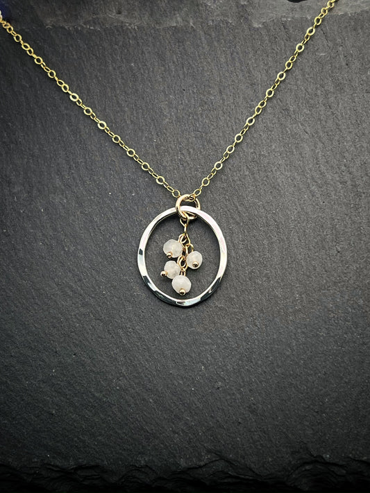 Handmade Sterling Silver Necklace with 14k Gold and rainbow moonsstone
