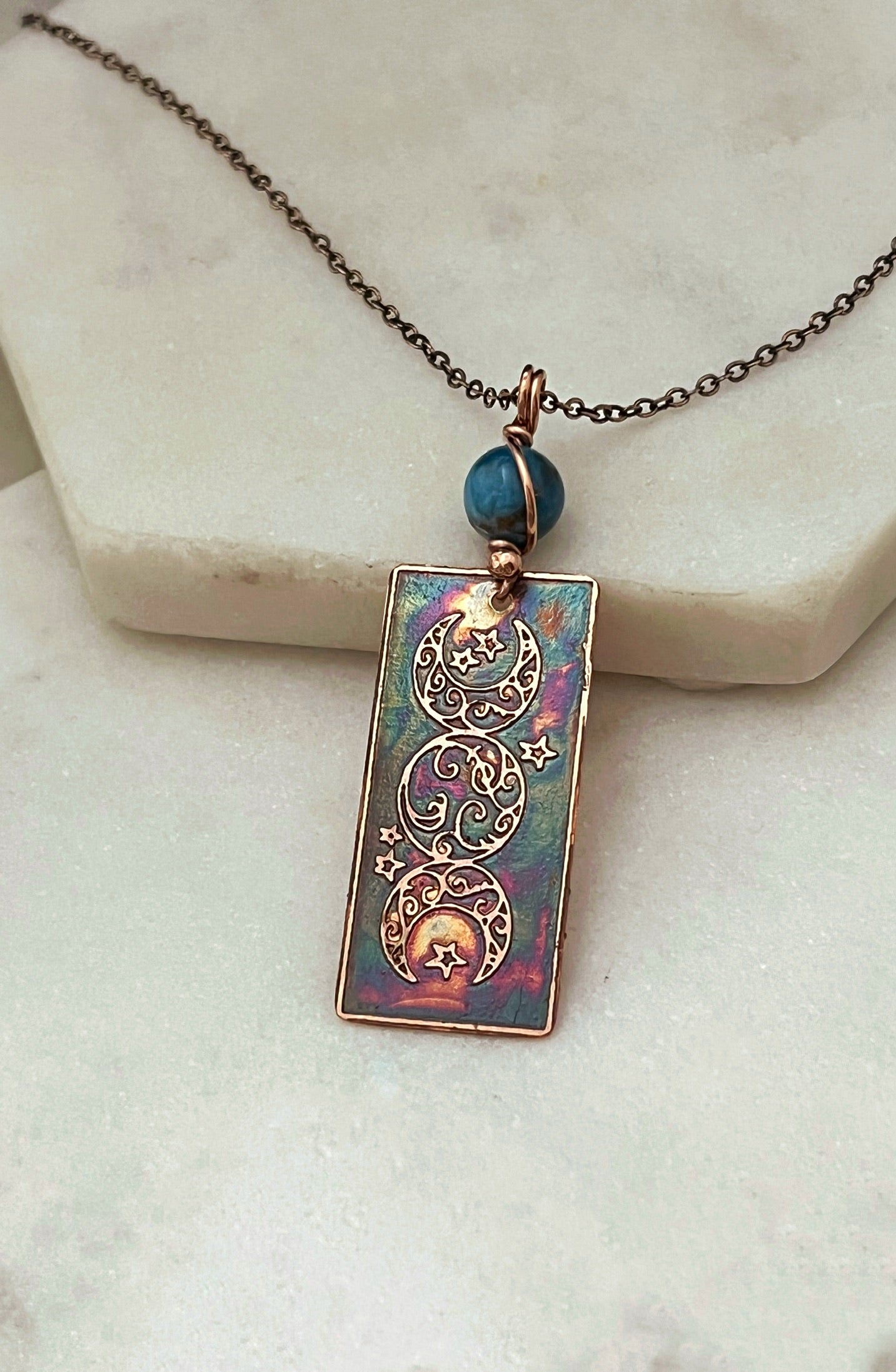Acid etched copper moon necklace with apatite gemstone