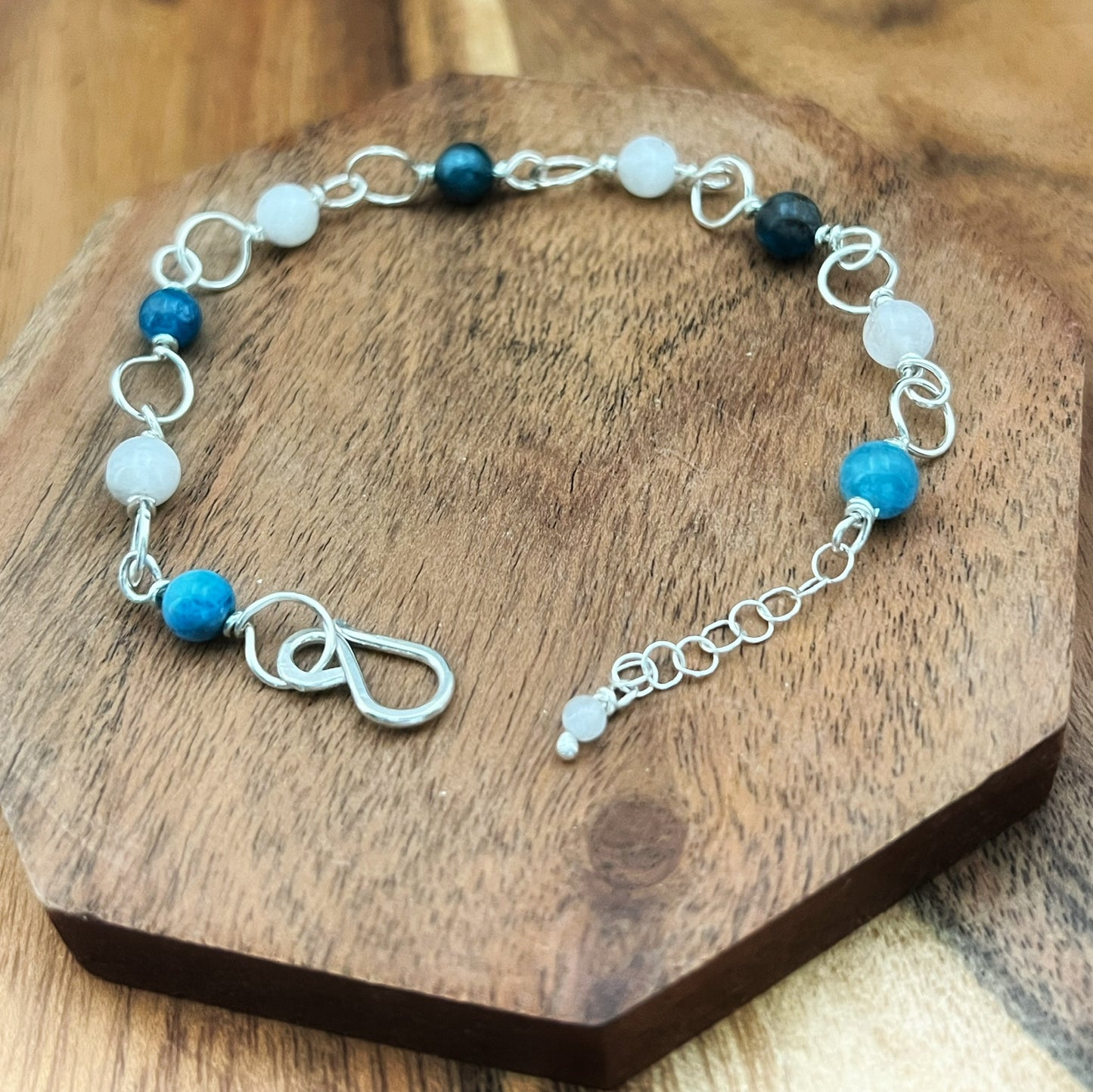 Sterling silver and moonstone and apatite bracelet
