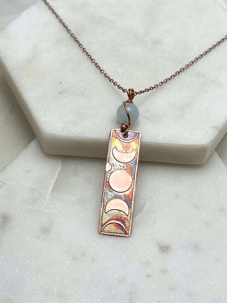 Moon phase acid etched copper necklace with aquamarine gemstone