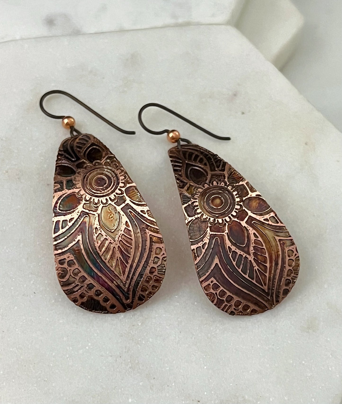 Large acid etched copper teardrop earrings