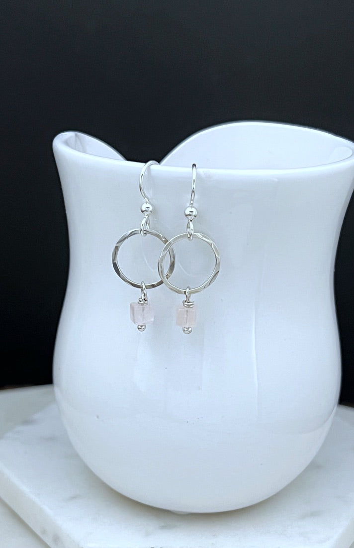 Sterling silver hoop earrings with rose quartz gemstones