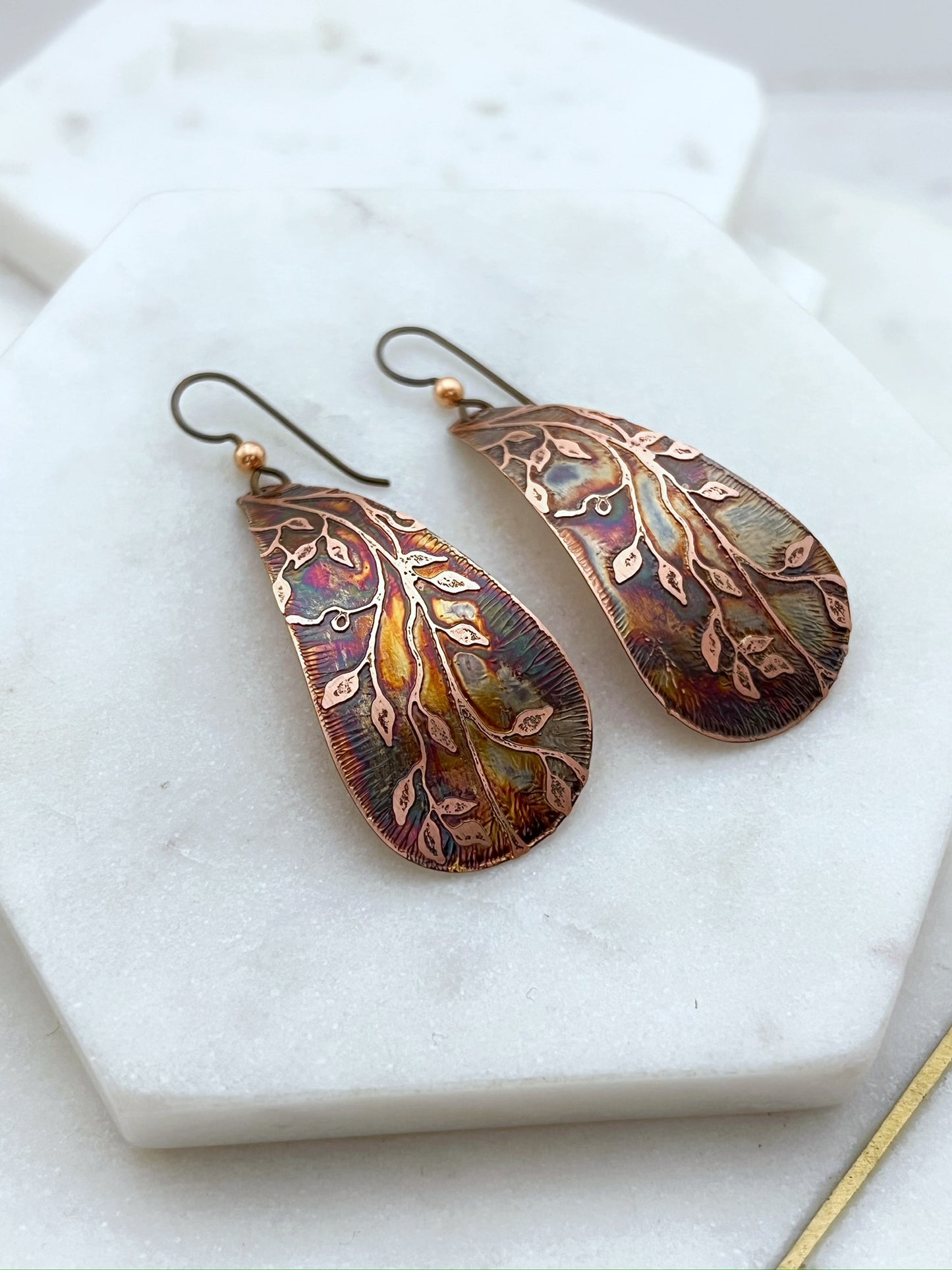 Large acid etched copper teardrop earrings