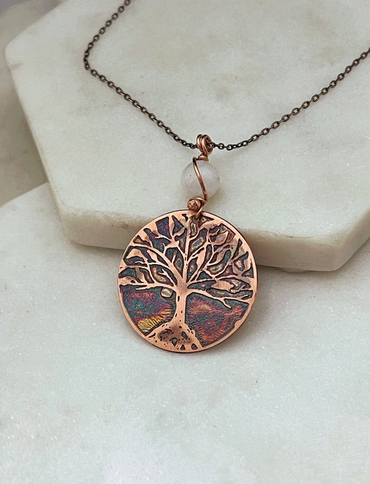Copper and moonstone rooted tree necklace