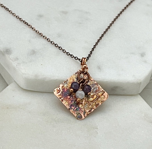 Acid etched copper necklace with amethyst and moonstone gemstones