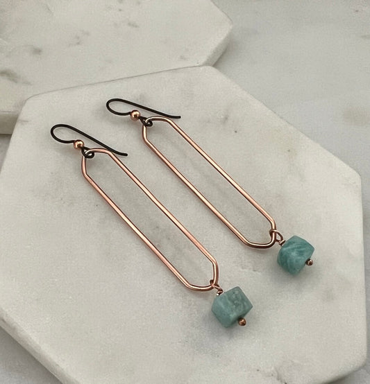Copper oval hoops with amazonite  gemstones