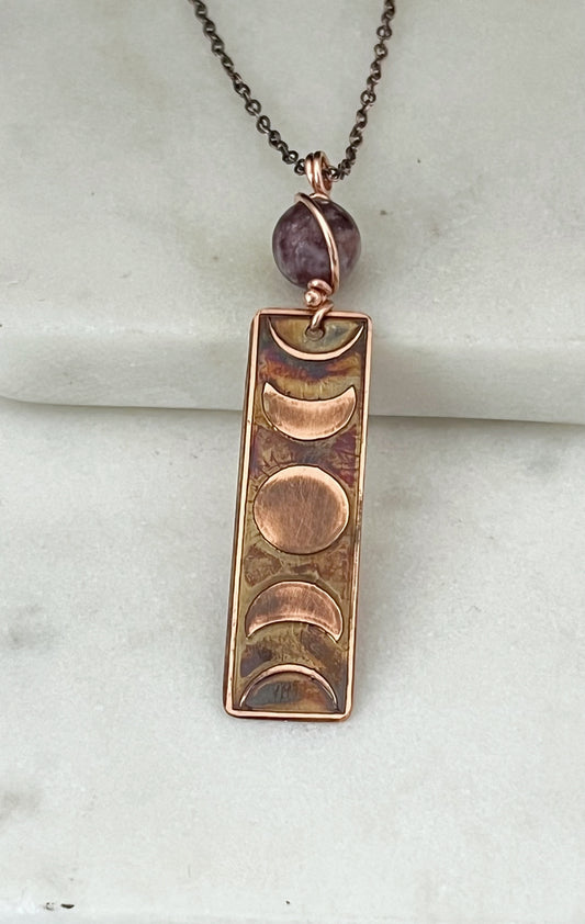 Moon phase acid etched copper necklace with lepidolite gemstone