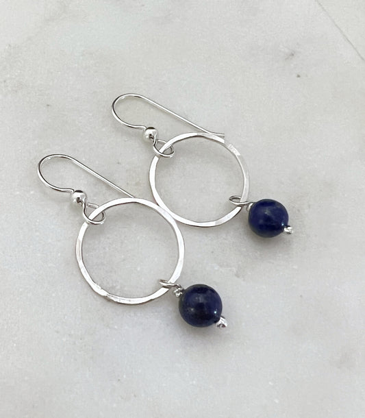 Sterling silver hoop earrings with lapis gemstones