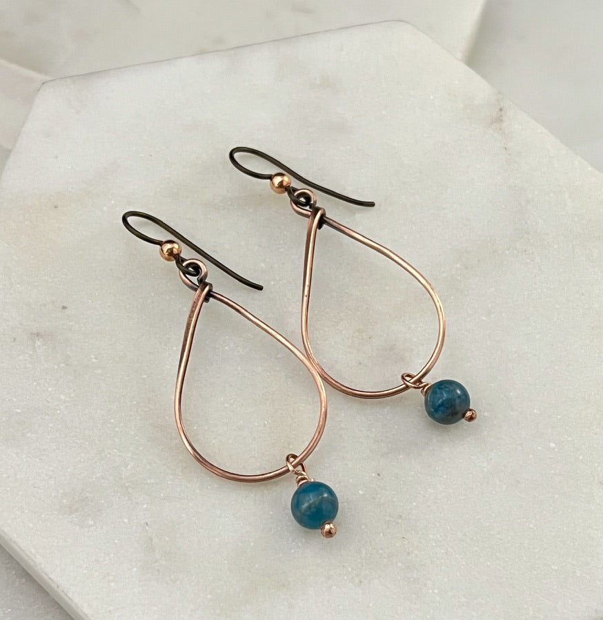 Copper teardrop hoop earrings with apatite