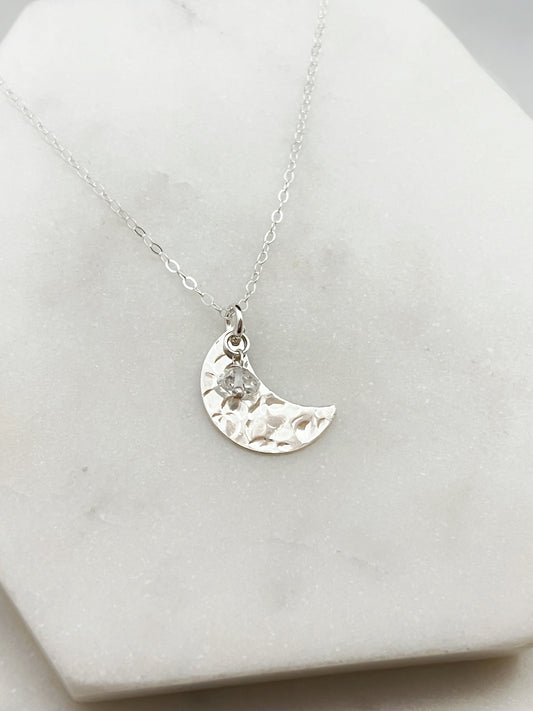 Sterling silver moon necklace with Herkimer Diamond