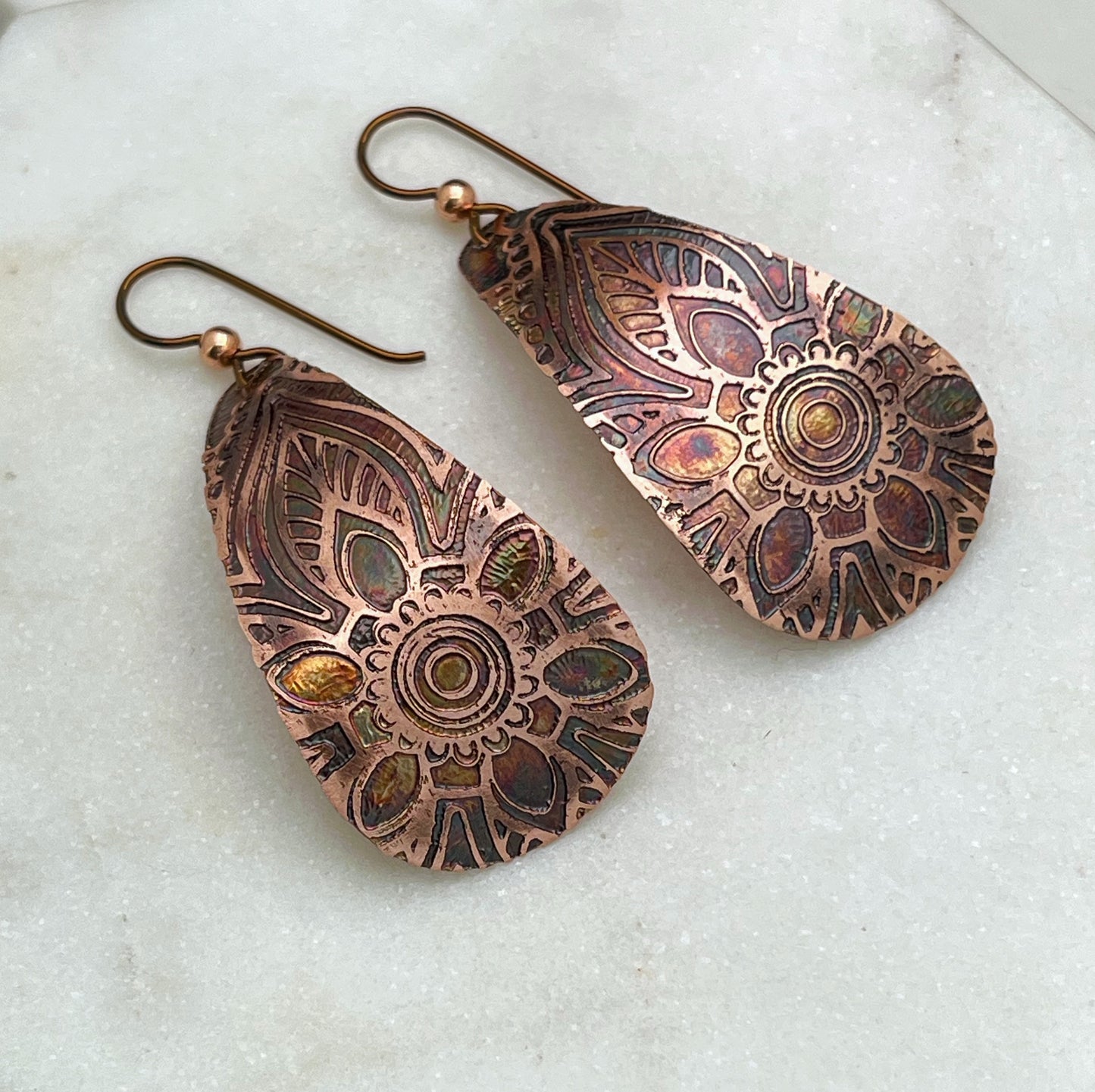 Large acid etched copper teardrop earrings