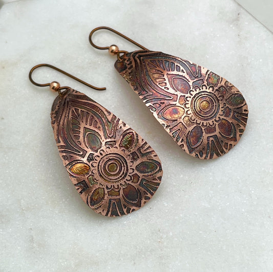 Large acid etched copper teardrop earrings
