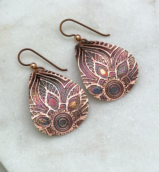 Acid etched copper medium teardrop earrings