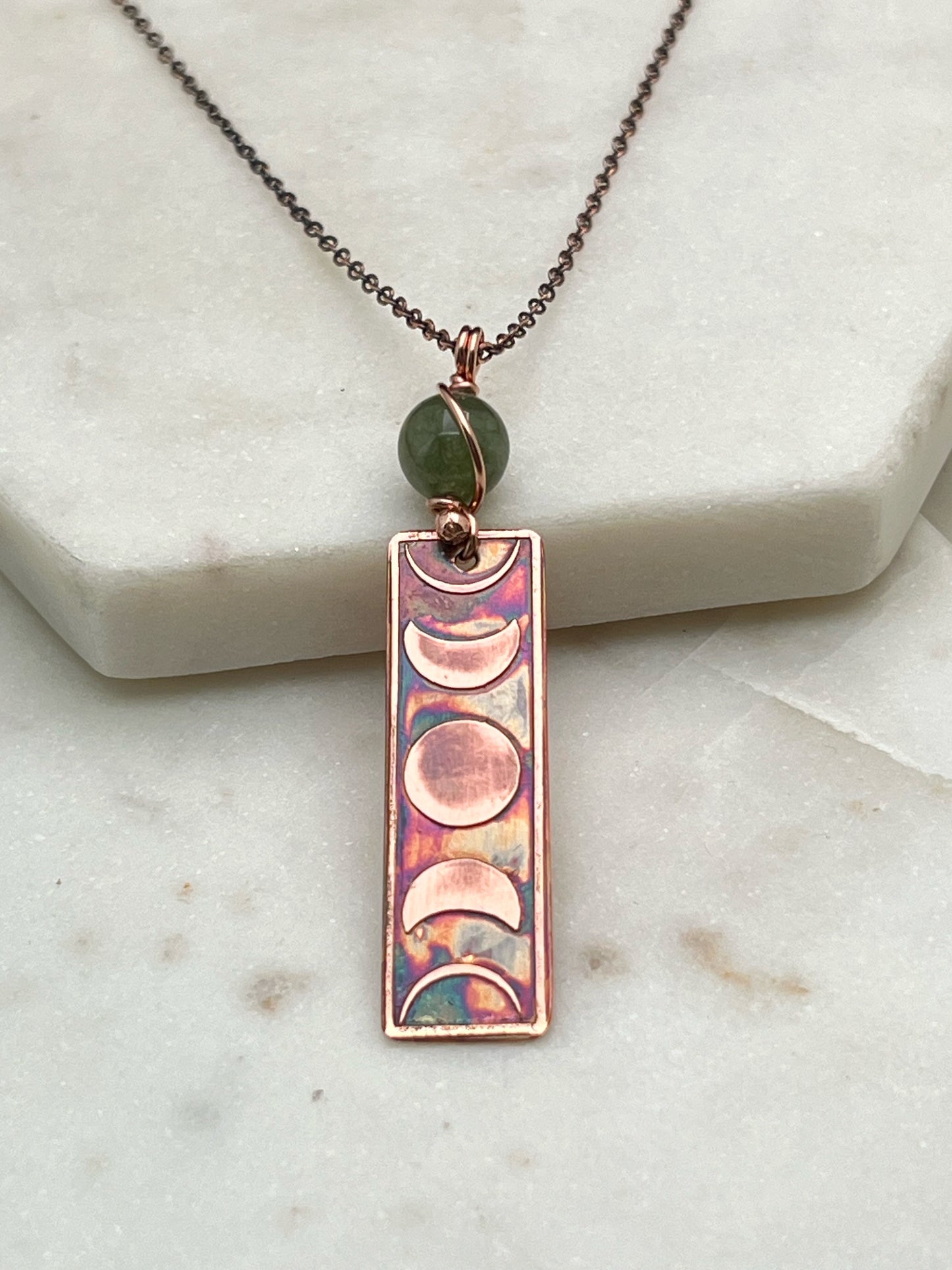 Moon phase acid etched copper necklace with Jade gemstone