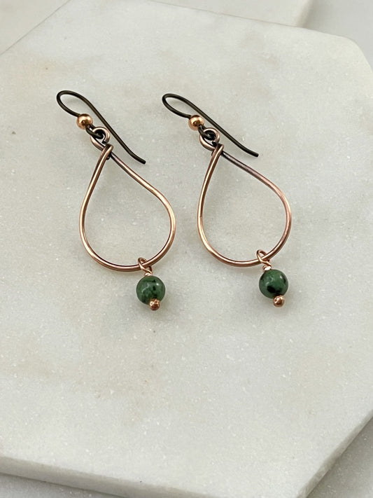 Copper teardrop hoop earrings with ruby zosite