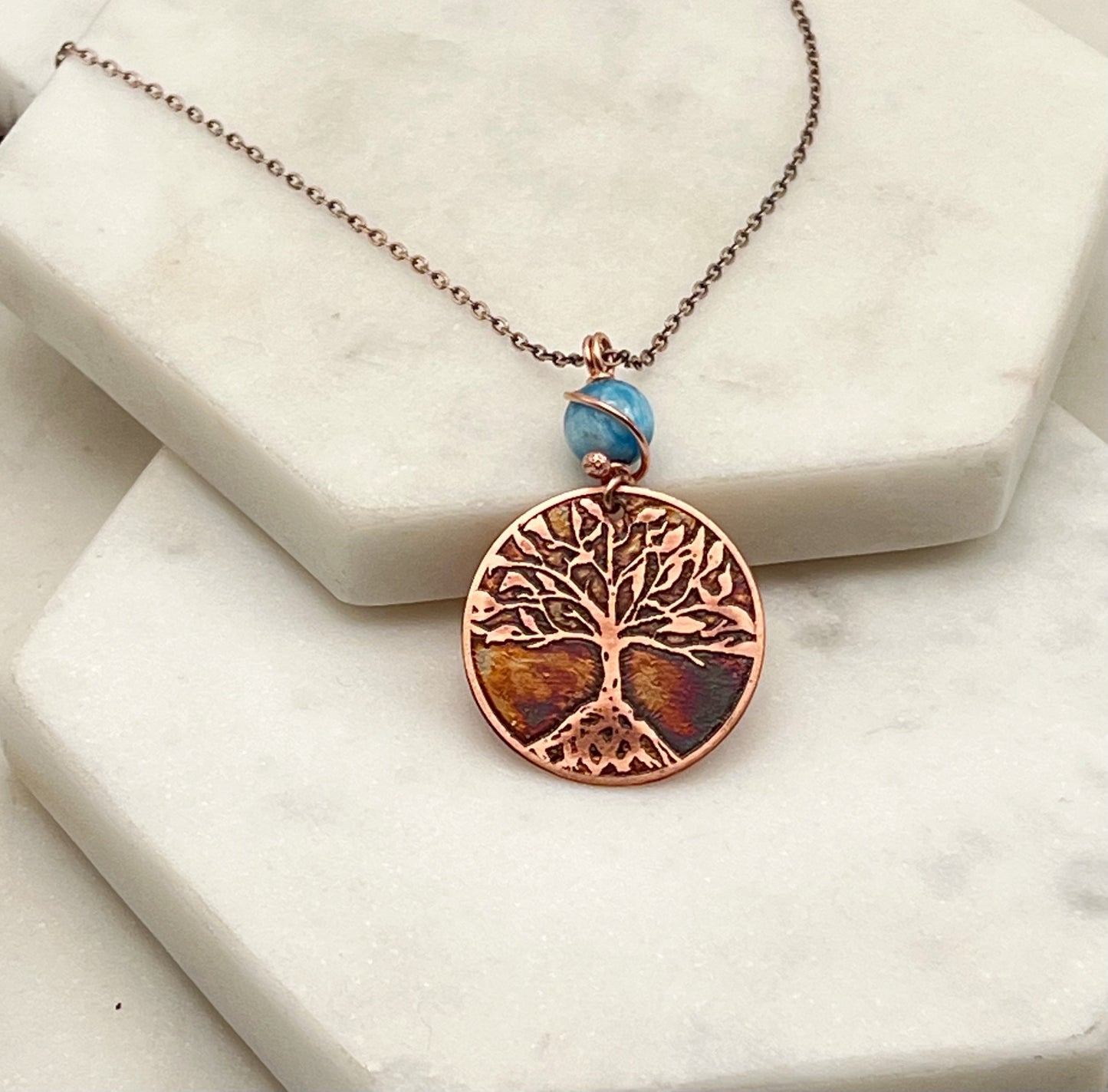 Copper and apatite rooted tree necklace