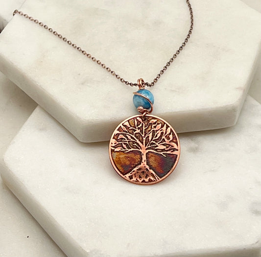 Copper and apatite rooted tree necklace
