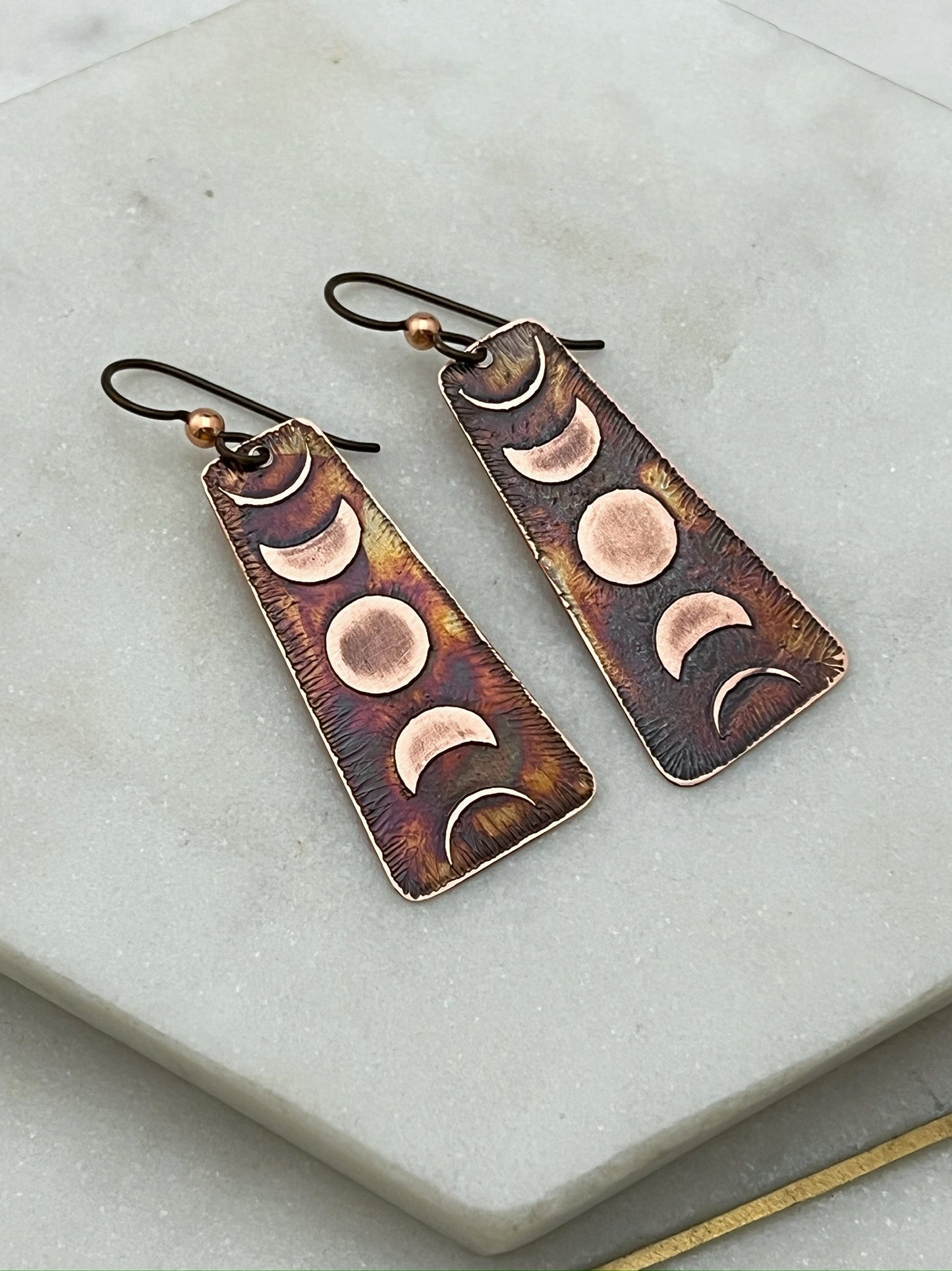 Acid etched copper moon phase earrings