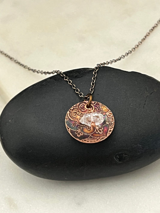 Acid etched copper necklace with Herkimer Diamond gemstone