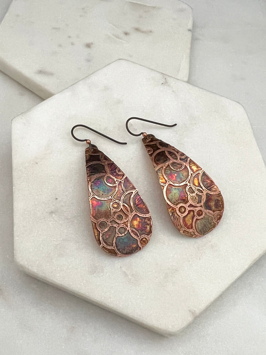 Large acid etched copper teardrop earrings