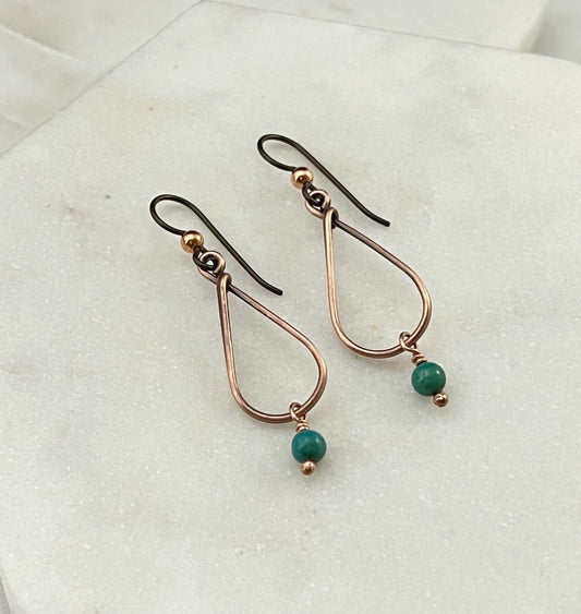 Copper teardrop hoop earrings with turquoise