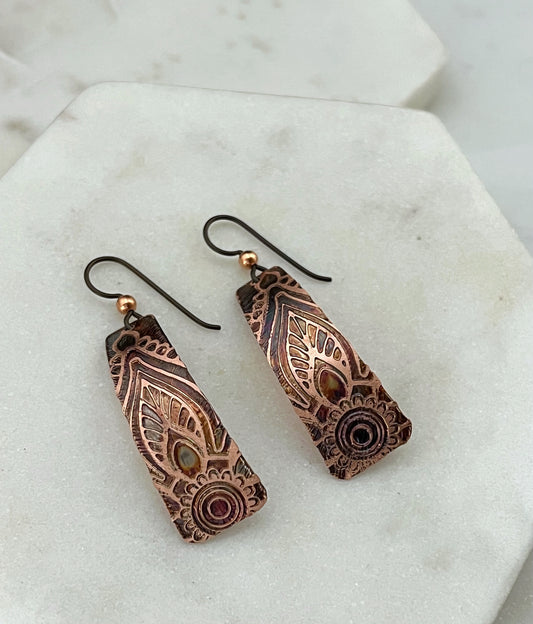 Acid etched copper irregular rectangle earrings
