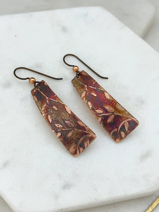 Acid etched copper irregular rectangle earrings