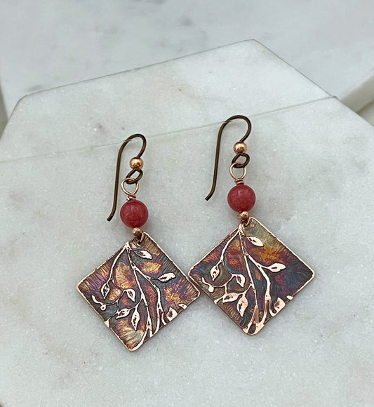 Acid etched copper earrings with coral gemstones
