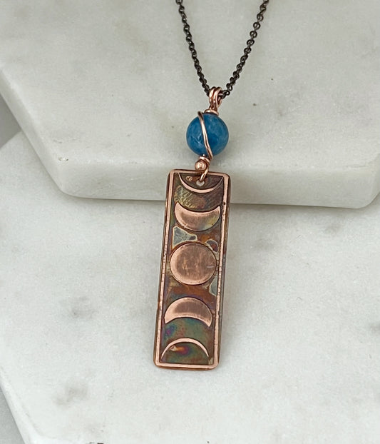 Moon phase acid etched copper necklace with apatite gemstone