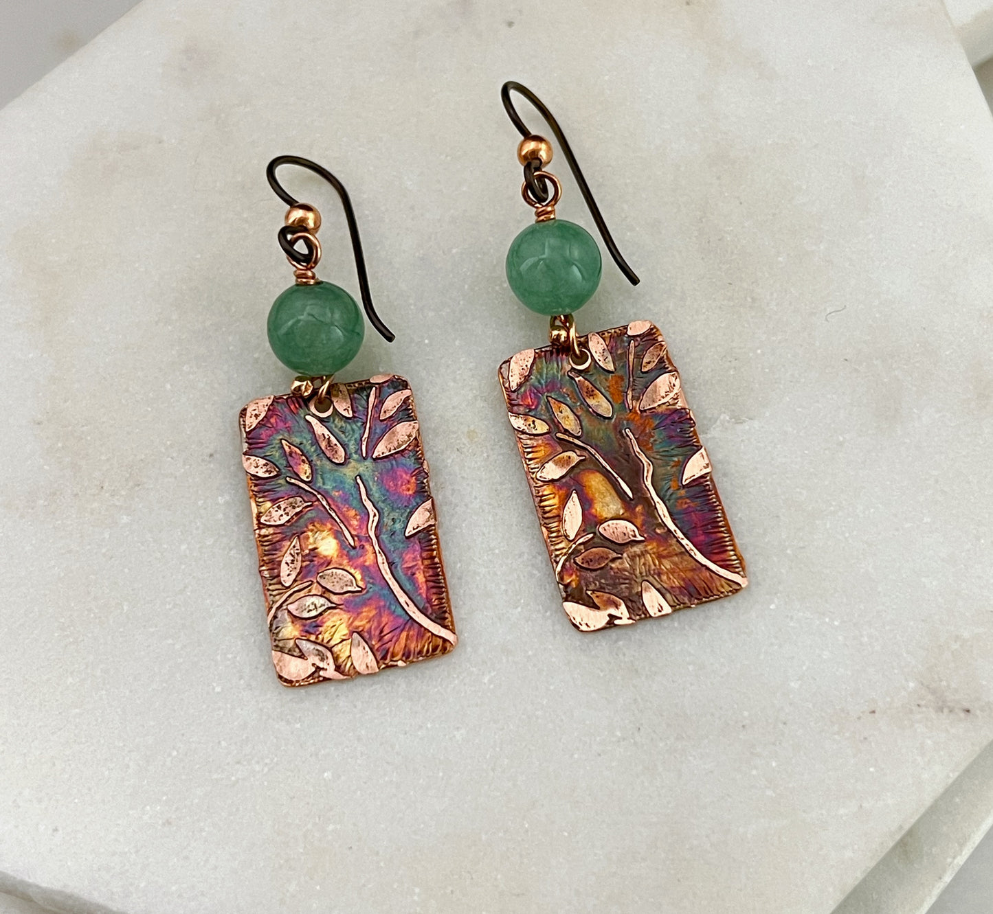 Acid etched copper earrings with aventurine gemstones
