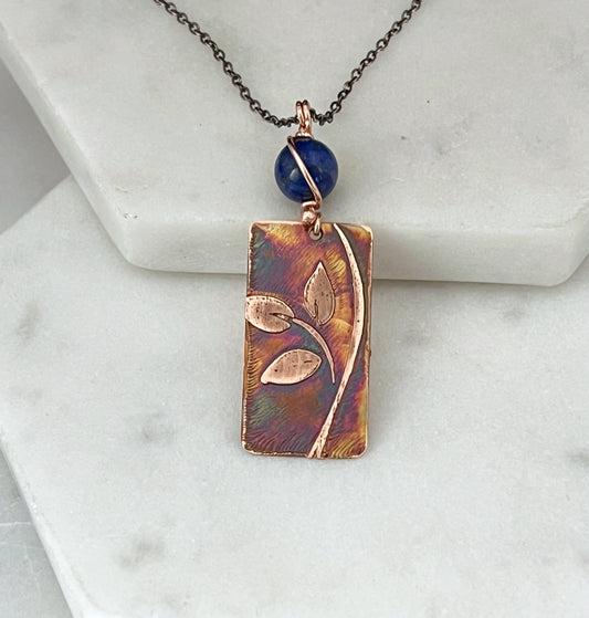 Acid etched copper leaf necklace with lapis gemstone