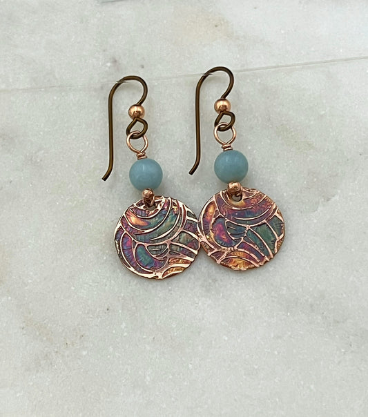 Acid etched copper earrings with aquamarine gemstones