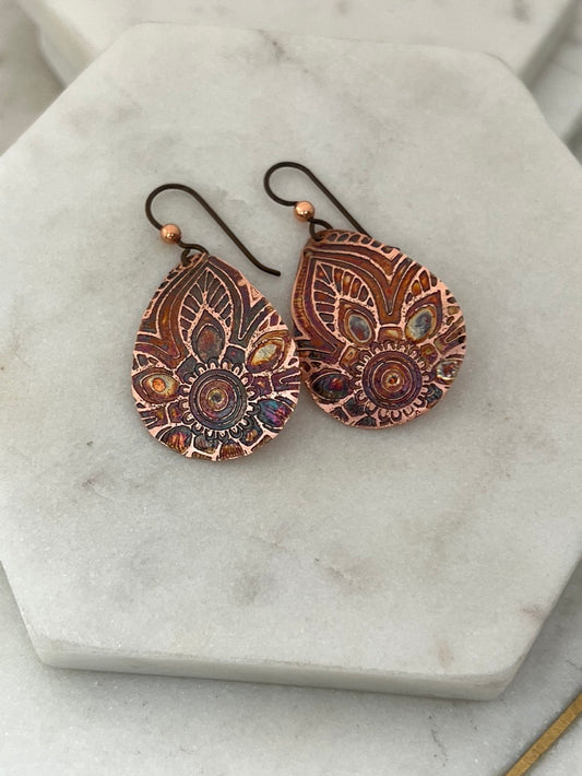 Acid etched copper medium teardrop earrings