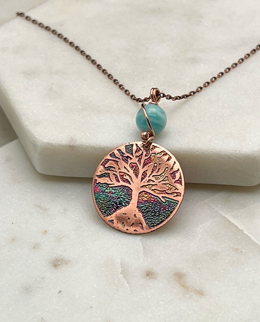 Copper and amazonite rooted tree necklace
