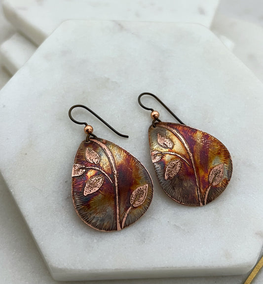 Acid etched copper medium teardrop earrings