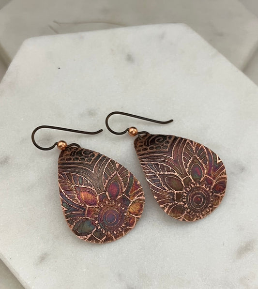 Acid etched copper medium teardrop earrings