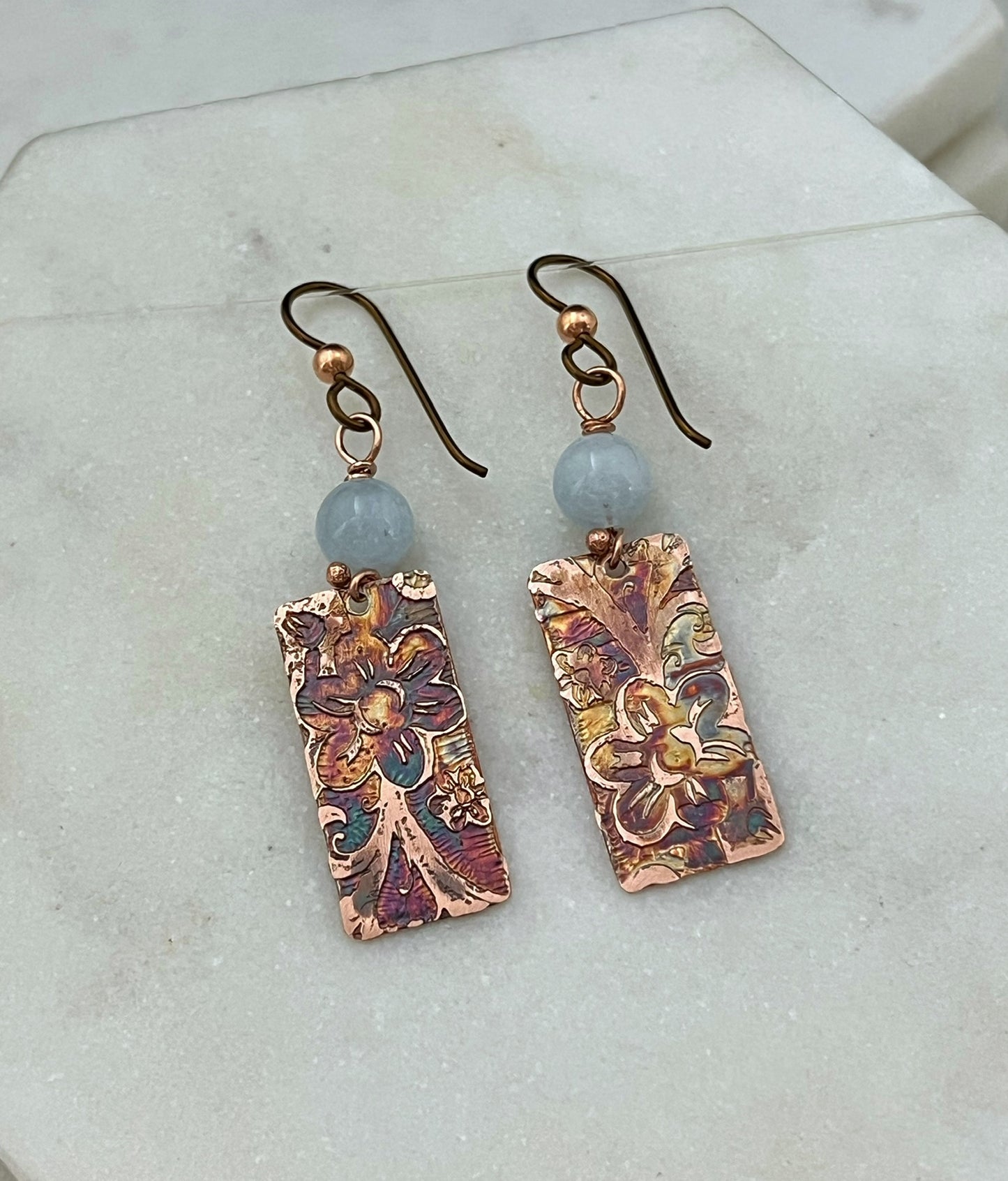 Acid etched copper earrings with aquamarine gemstones